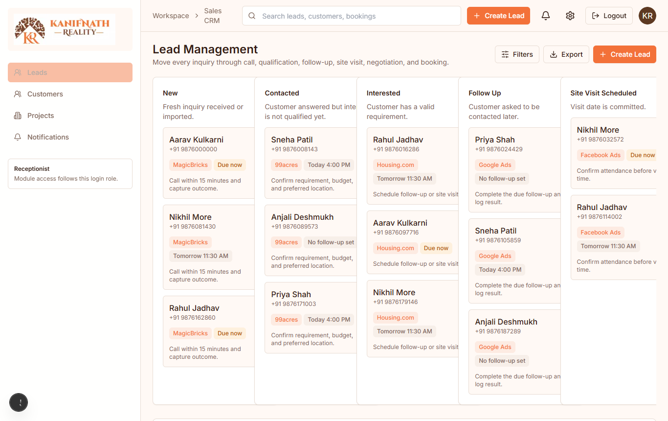 Kanifnath Developer CRM lead management board